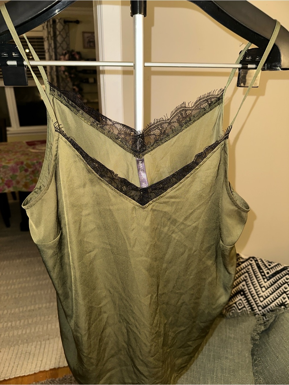 Massini Olive Green Satin Cami with Black Lace